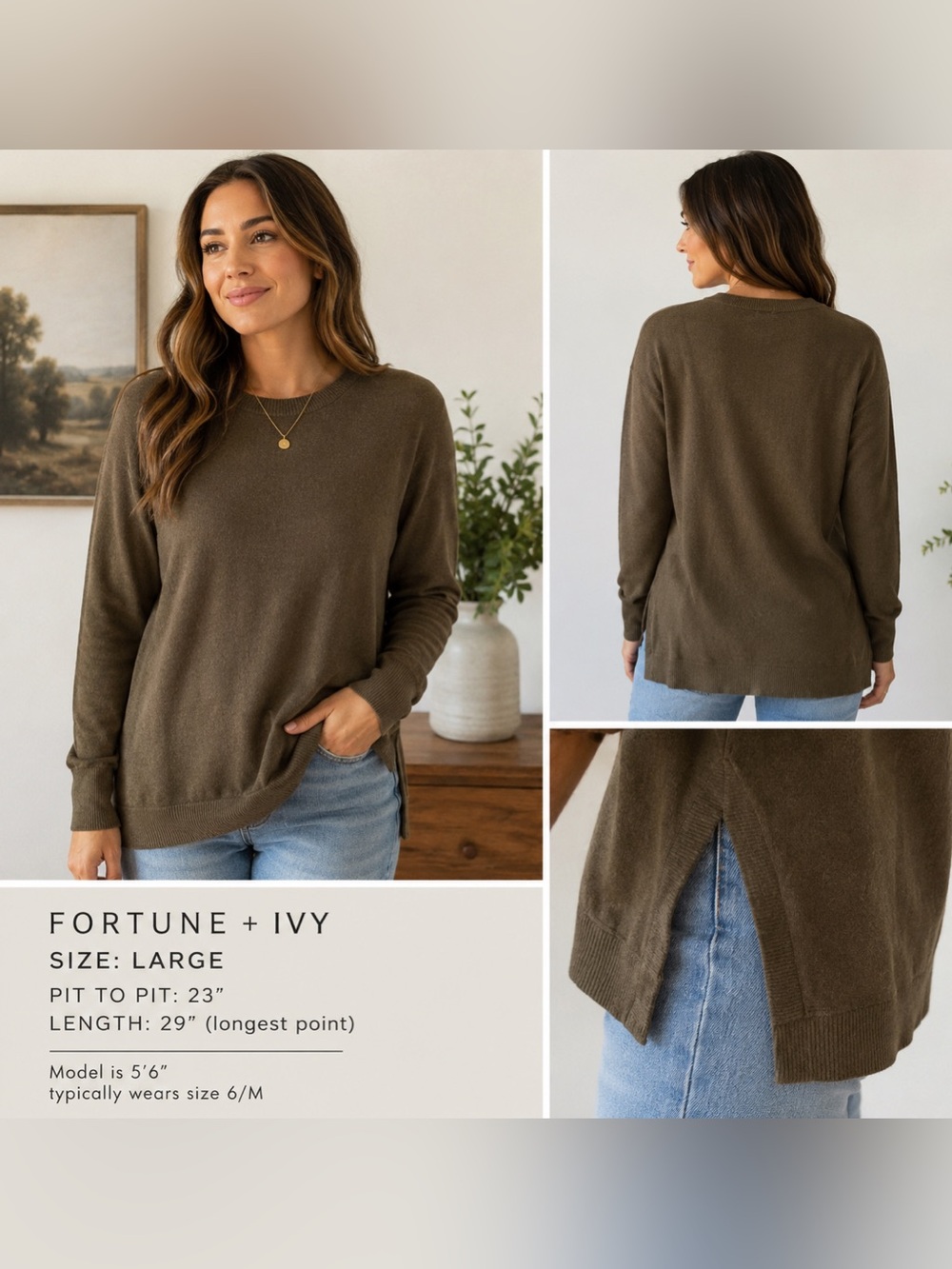 Fortune + Ivy Women’s Large Green Knit Pullover Sweater Hi Low Side Slits